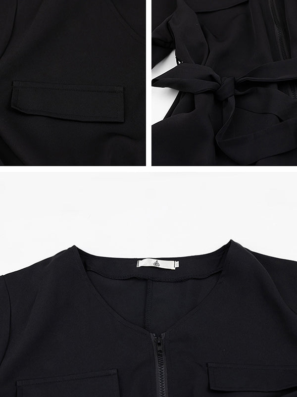 Casual Solid Color Split-Joint With Pocket Tied Zipper Short Sleeves Wide Legs Jumpsuits