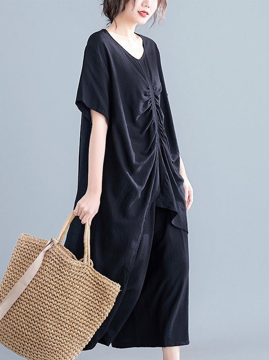 LOOSE STRIPED SPLIT-JOINT THIN DRAWSTRING LONG DRESS