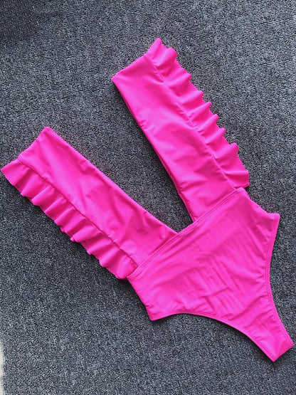 Deep-neck Ruffled Plain One-piece Swimsuit