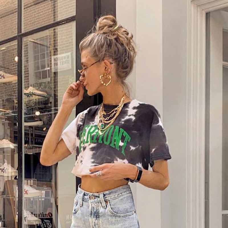 Loose thin ink painting printed short T-shirt casual top ACTIVEWEAR