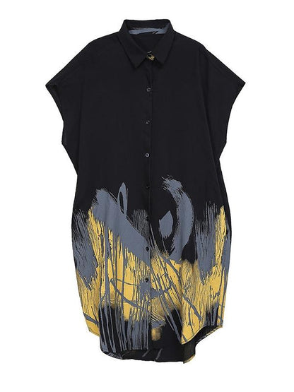 Loose Ink Print Button Shirt Midi Dress