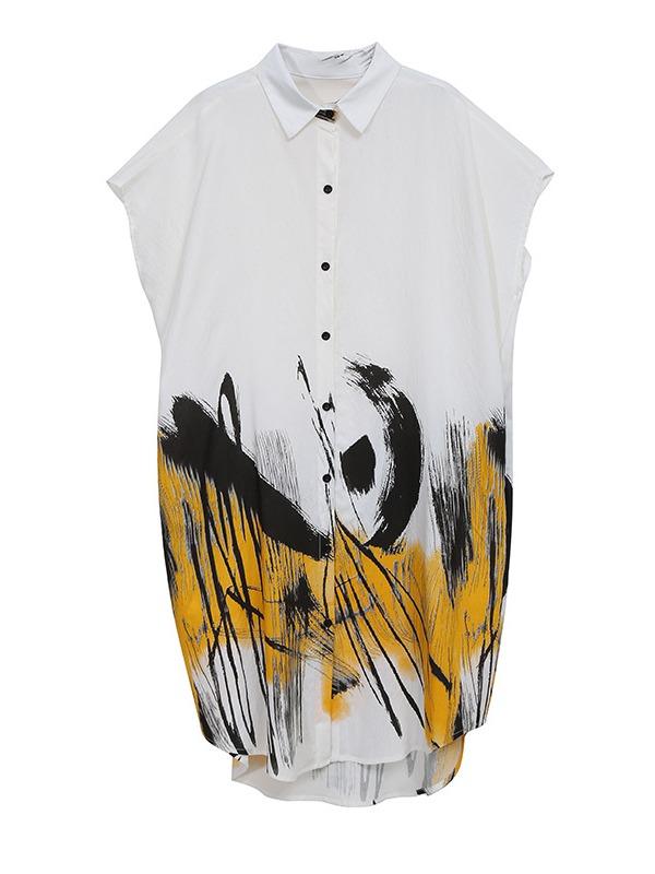 Loose Ink Print Button Shirt Midi Dress