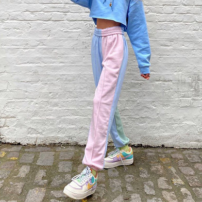 Featured color stitched trousers high waist casual pants ACTIVEWEAR