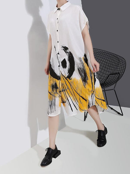 Loose Ink Print Button Shirt Midi Dress