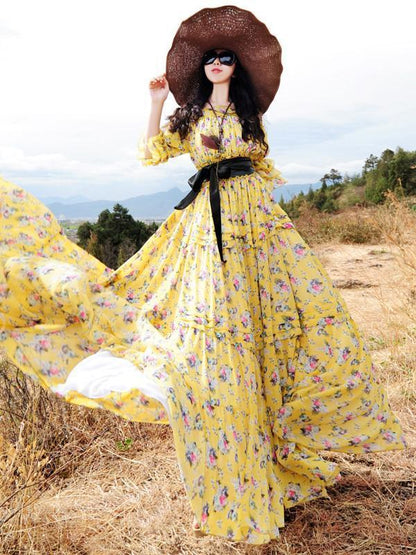 Pretty Bohemia Floral Half Sleeve Elastic Waist Round Neck Maxi Dress