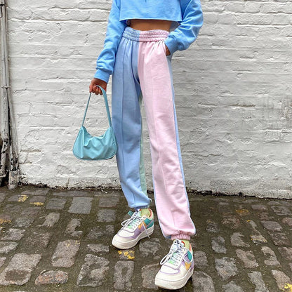 Featured color stitched trousers high waist casual pants ACTIVEWEAR
