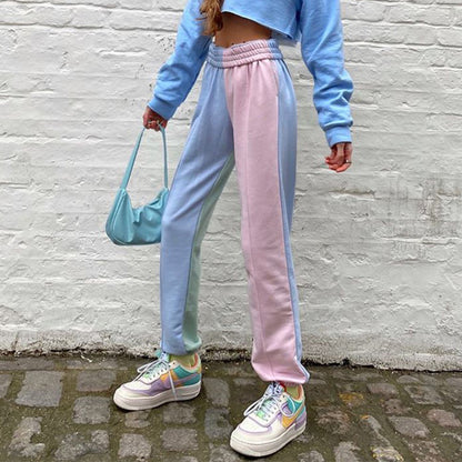 Featured color stitched trousers high waist casual pants ACTIVEWEAR