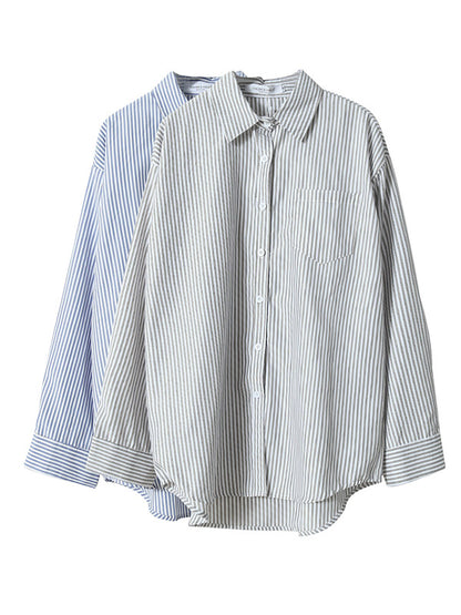 Simple Striped Buttoned Lapel High-Low Long Sleeves Blouse Tops