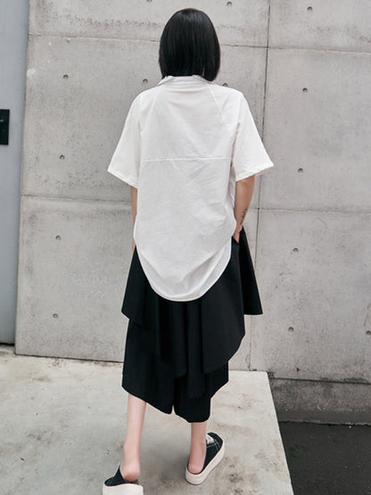 Urban Solid Color High-Low Batwing Sleeves Lapel V-Neck Shirts