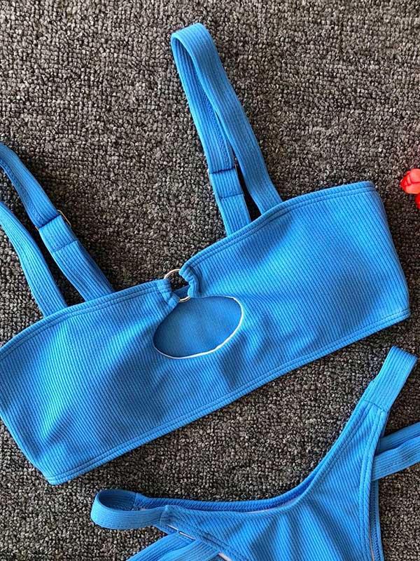 Solid Color Hollow Bandage Split Bikini Swimsuit