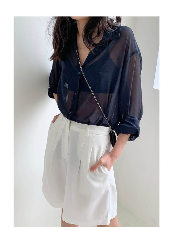 SOLID COLOR SEE-THROUGH LOOSE SHIRT