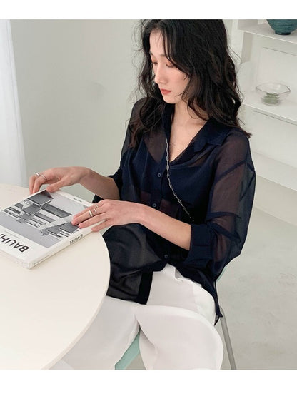 SOLID COLOR SEE-THROUGH LOOSE SHIRT