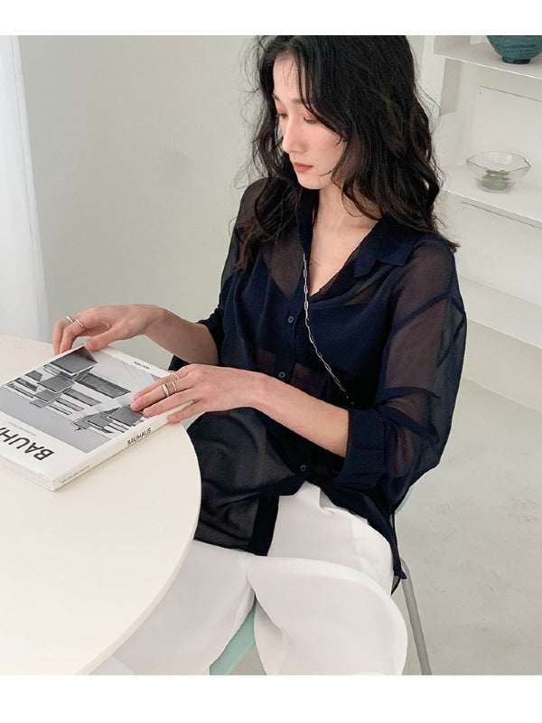 SOLID COLOR SEE-THROUGH LOOSE SHIRT