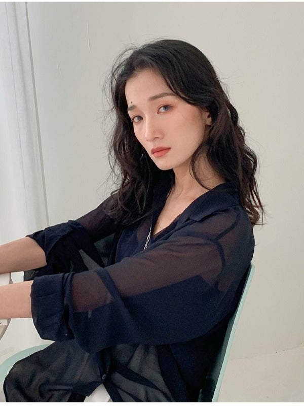 SOLID COLOR SEE-THROUGH LOOSE SHIRT