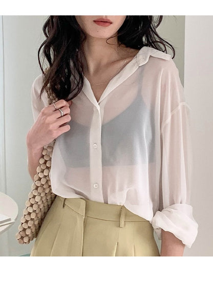 SOLID COLOR SEE-THROUGH LOOSE SHIRT