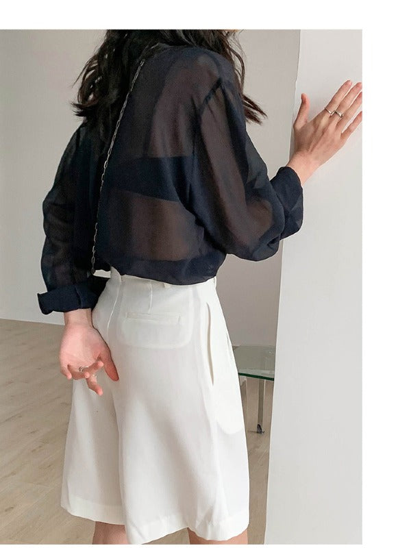 SOLID COLOR SEE-THROUGH LOOSE SHIRT