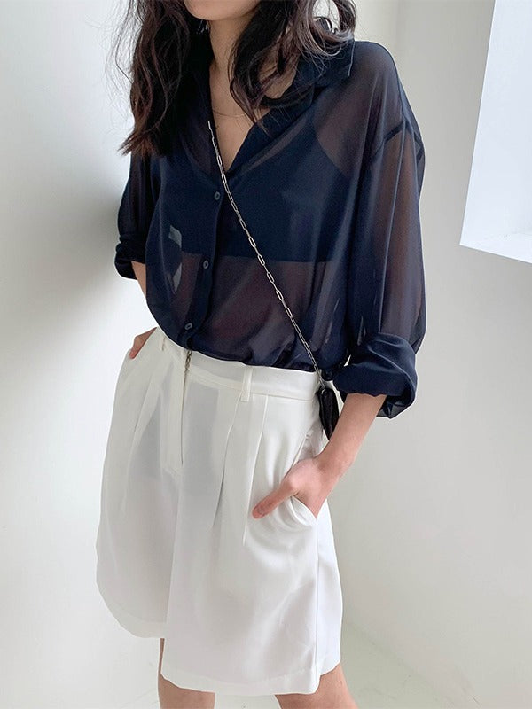 SOLID COLOR SEE-THROUGH LOOSE SHIRT