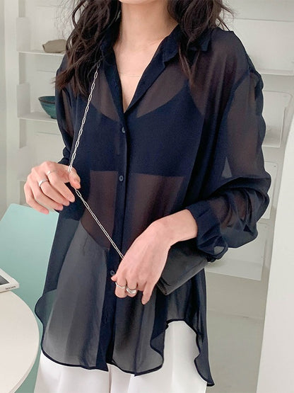 SOLID COLOR SEE-THROUGH LOOSE SHIRT