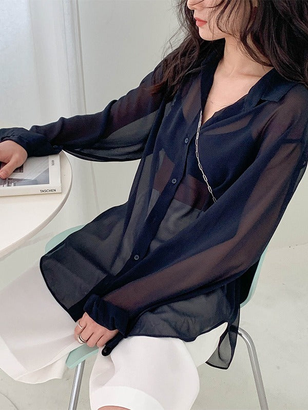 SOLID COLOR SEE-THROUGH LOOSE SHIRT