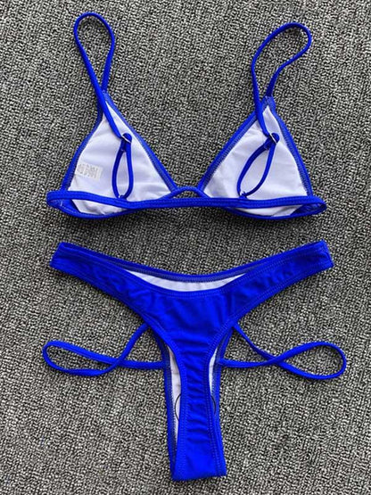 Solid Color Spaghetti-Neck Split Bikini Swimsuit
