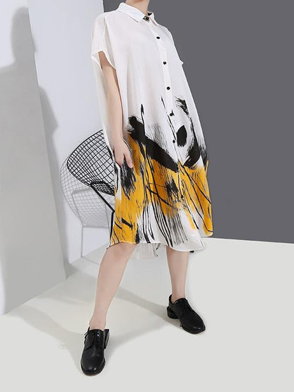 Loose Ink Print Button Shirt Midi Dress