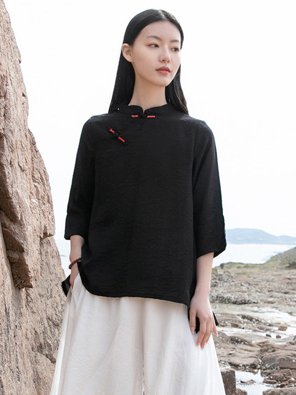 Vintage Tencel Buttoned Stand Collar High-Low Half Sleeves T-Shirt