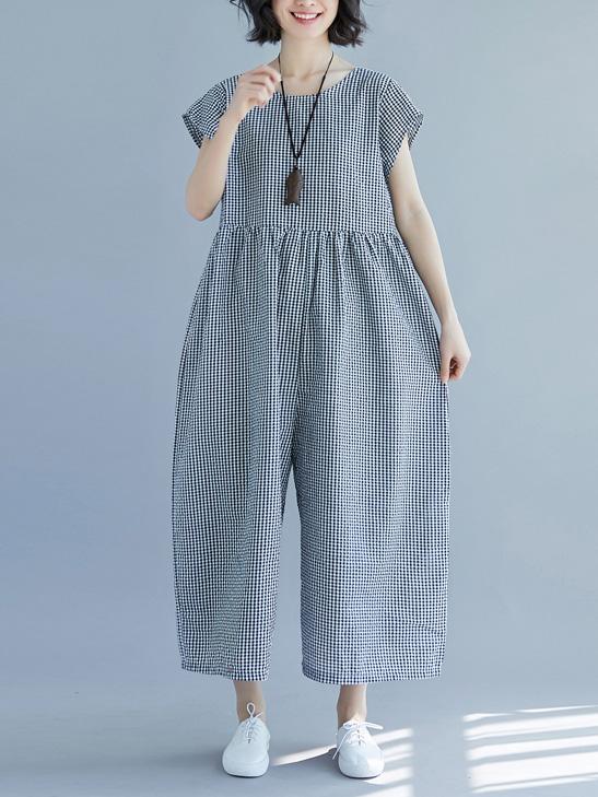 Loose Empire V-neck Plaid Jumpsuit