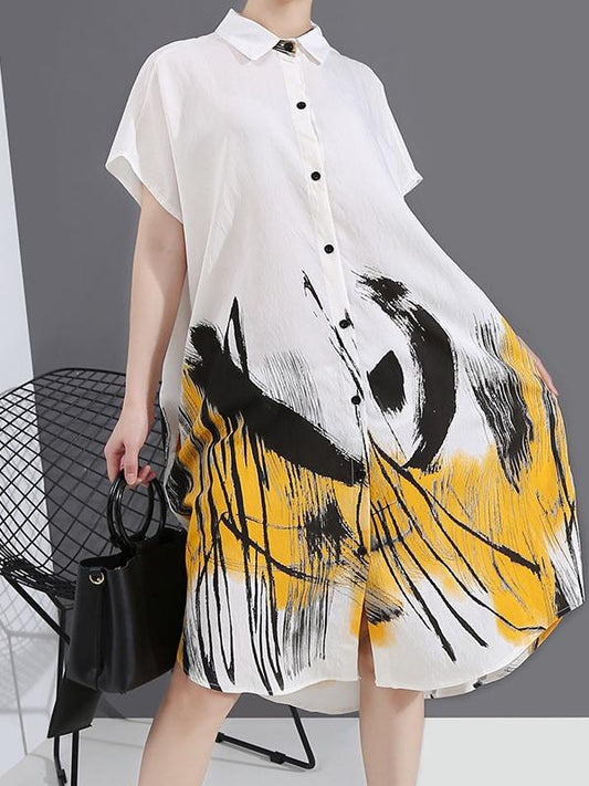 Loose Ink Print Button Shirt Midi Dress