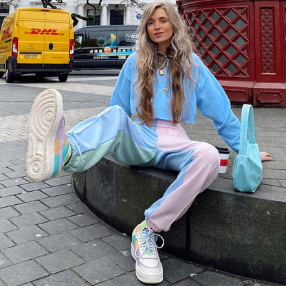 Featured color stitched trousers high waist casual pants ACTIVEWEAR