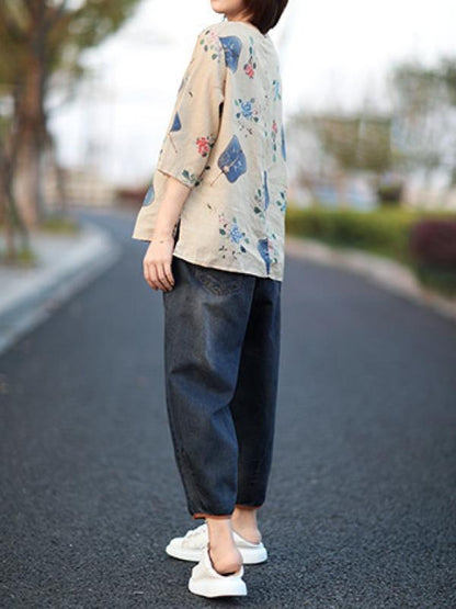 Loose Printed Thin Oblique Neckline Shirt Tops