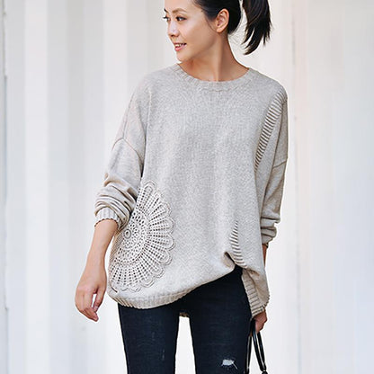 Buykud Retro Woven Sunflower Round Neck Knit Shirt