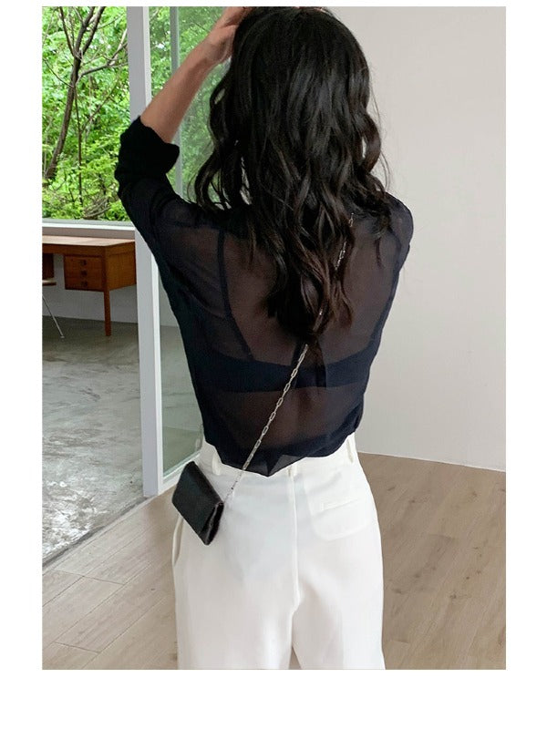 SOLID COLOR SEE-THROUGH LOOSE SHIRT
