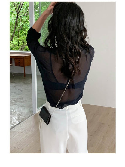 SOLID COLOR SEE-THROUGH LOOSE SHIRT