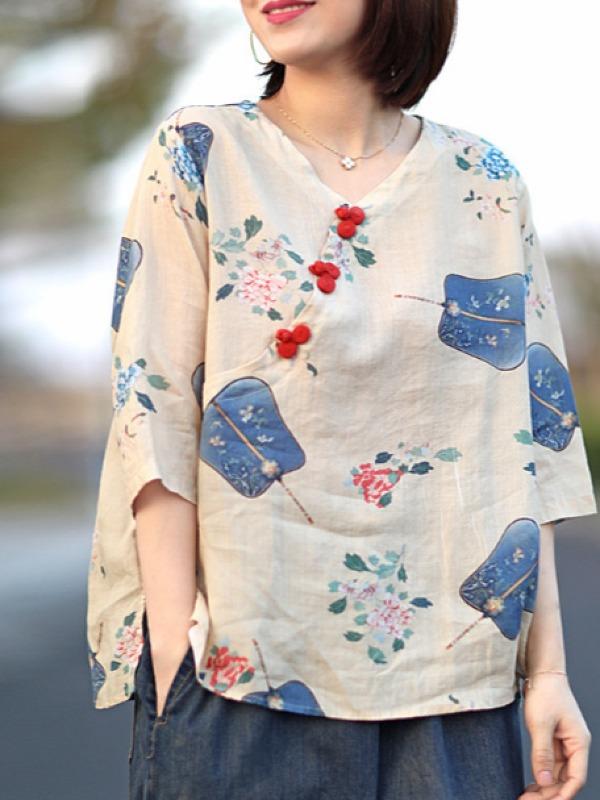 Loose Printed Thin Oblique Neckline Shirt Tops