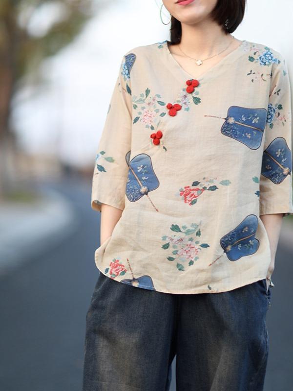 Loose Printed Thin Oblique Neckline Shirt Tops