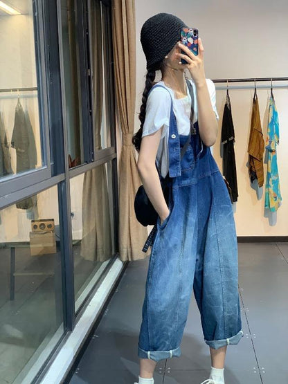 Vintage Gradient Split-Joint Denim Overalls