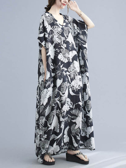 Loose Floral Printed V-Neck Half Sleeves Maxi Dress