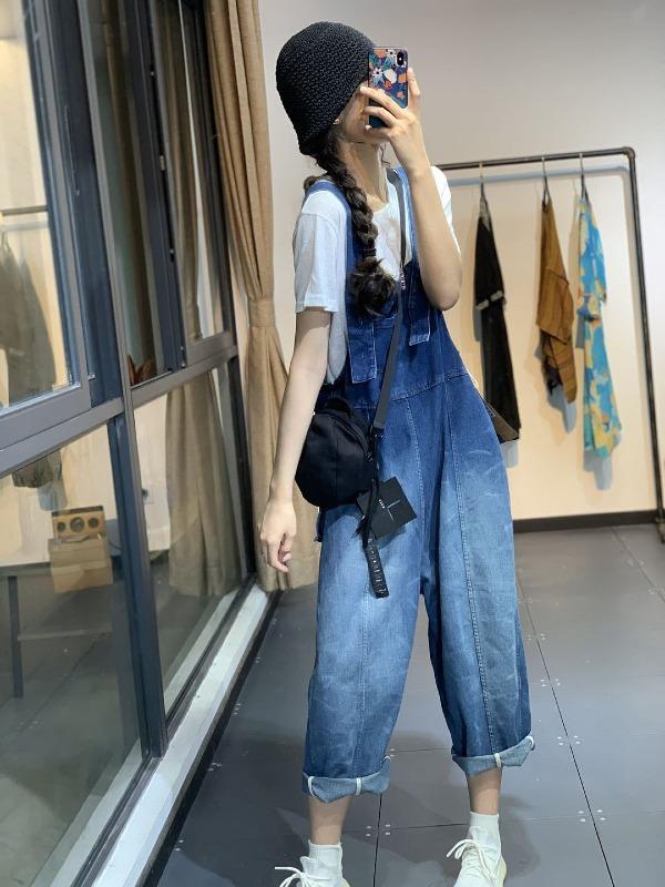 Vintage Gradient Split-Joint Denim Overalls
