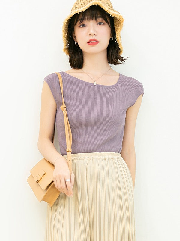 SOLID COLOR SLEEVELESS ROUND NECK T-SHIRT
