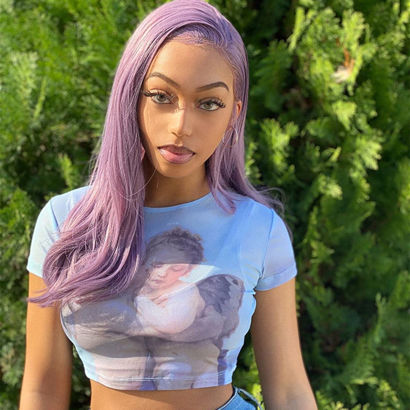 Sexy mesh cutout cute angel print short T-shirt tight bottoming shirt ACTIVEWEAR