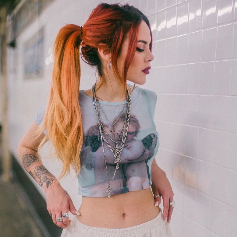 Sexy mesh cutout cute angel print short T-shirt tight bottoming shirt ACTIVEWEAR