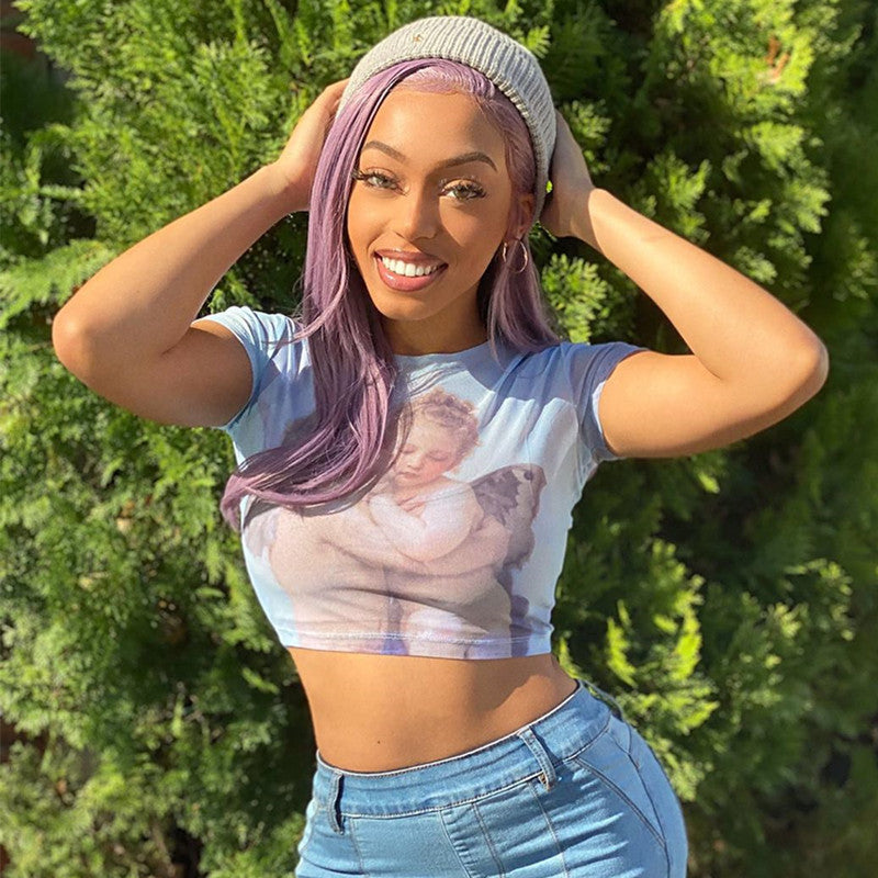 Sexy mesh cutout cute angel print short T-shirt tight bottoming shirt ACTIVEWEAR