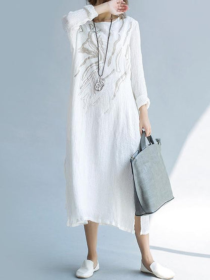 White Ramie Cotton Embroidered Long Dress