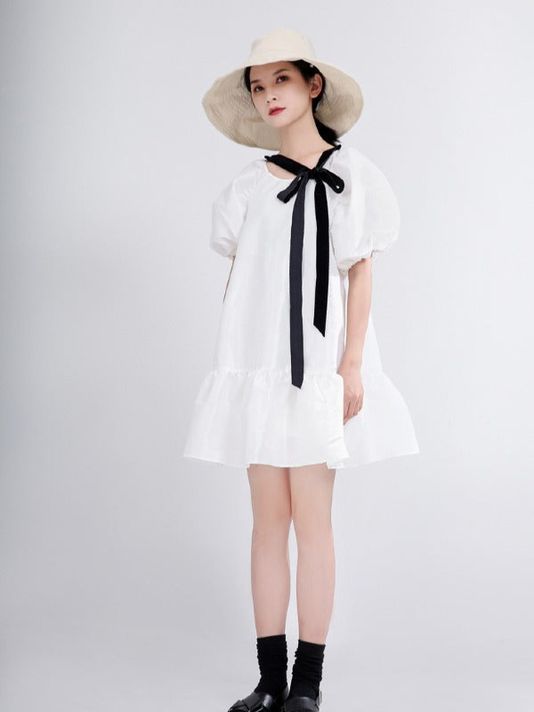 LOOSE FALBALA SOLID LACE-UP PUFF SLEEVE MINI DRESS