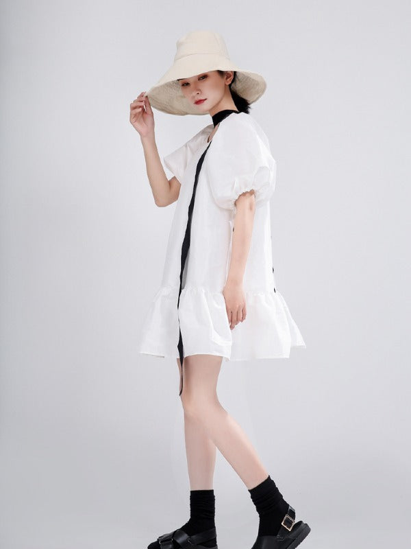 LOOSE FALBALA SOLID LACE-UP PUFF SLEEVE MINI DRESS