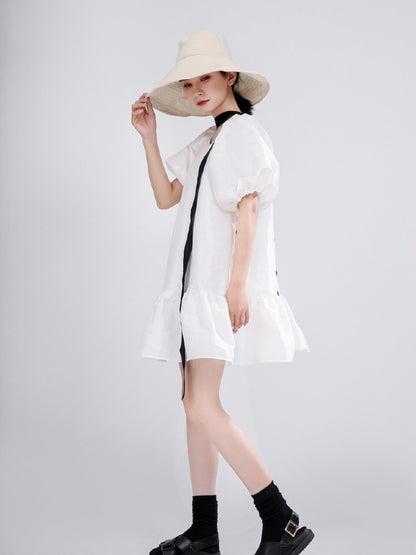 LOOSE FALBALA SOLID LACE-UP PUFF SLEEVE MINI DRESS