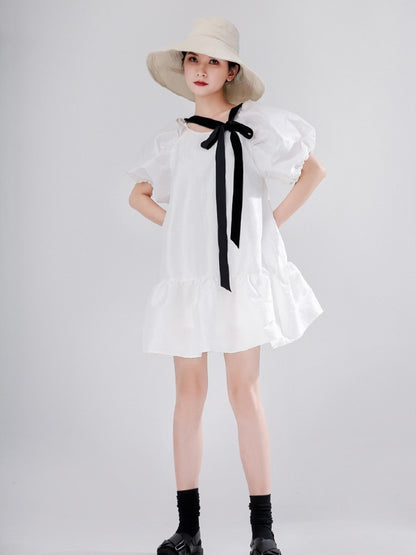 LOOSE FALBALA SOLID LACE-UP PUFF SLEEVE MINI DRESS