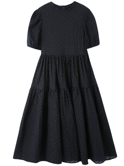 VINTAGE PUFF SLEEVE TEXTURED SOLID MIDI DRESS