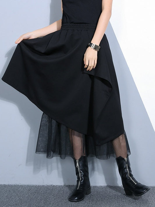 BLACK PLEATED DOUBLE LAYER MESH SKIRT