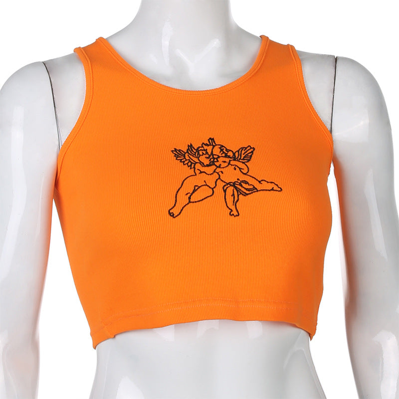 Sexy slim cute angel embroidery short top ACTIVEWEAR